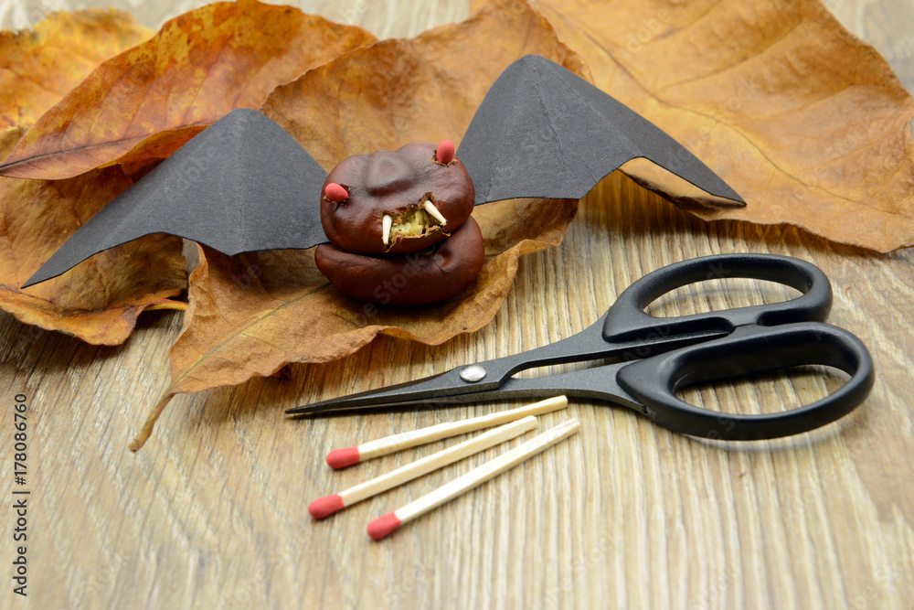 tinker small Halloween bat figure made of chestnut and paper
