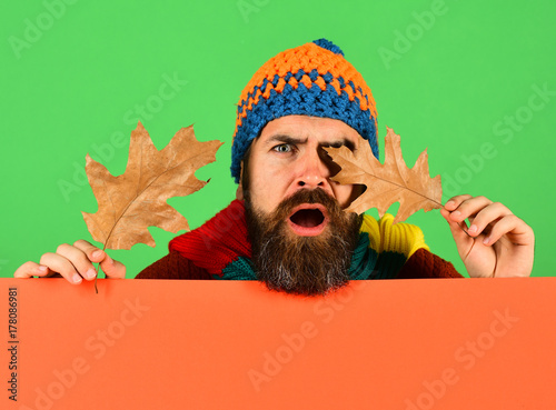 Hipster with beard and shocked face closes eyes with leaf