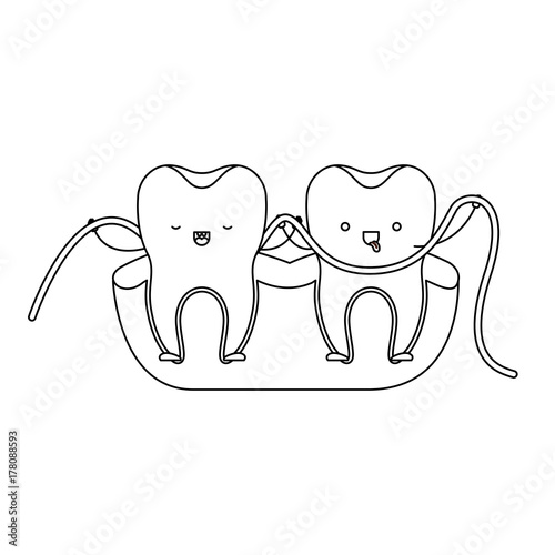 teeth cartoon and dental floss between them and holding hands in monochrome silhouette