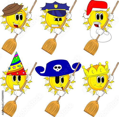 Cartoon sun holding a broom. Collection with costume. Expressions vector set.