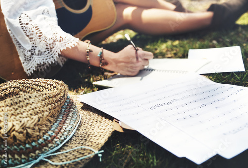 Beautiful singer songwriter with her guitar
