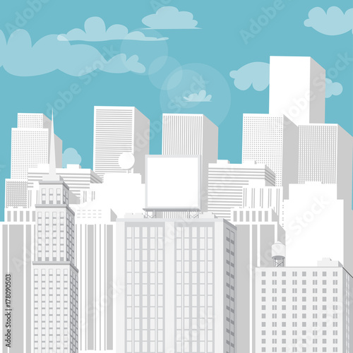 White cityscape with blue sky. Vector cartoon illustration.