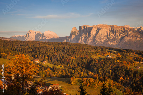 Wonderful autumnal panorama of Sassopiatto and Sciliar dolomitic summit, Renon/Ritten, Alto Adige/South Tyrol, Italy