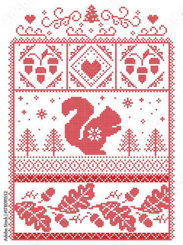 Elegant Christmas Scandinavian, Nordic style winter stitching, pattern including snowflake, heart, squirrel, acorn, oak leaf, heart , Christmas tree, star and seamless ornaments  in red, white 
