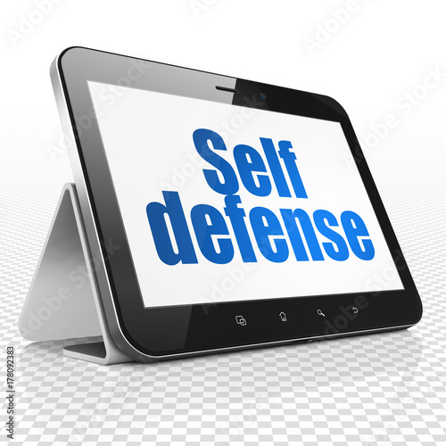 Safety concept: Tablet Computer with blue text Self Defense on display, 3D rendering