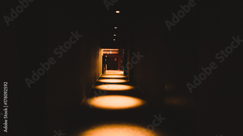 Empty dark corridor in apartment building in perspective view with copy space.