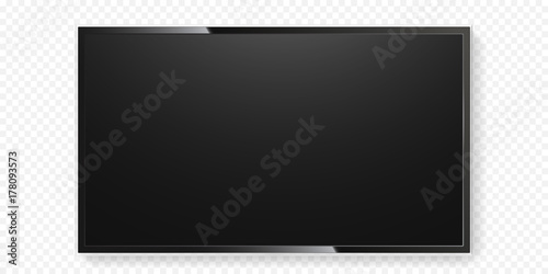 LCD TV screen isolated on transparent background. Vector flat black television panel with glass border. Realistic 3D blank LED smart hdtv display with mat texture surface. Smart TV mockup model