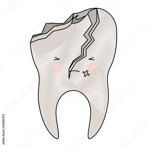kawaii tooth with root and broken in colored crayon silhouette