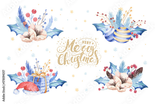Merry Christmas watercolor bouquets card with floral elements. Happy New Year lettering posters. Winter flower holy jolly decoration.