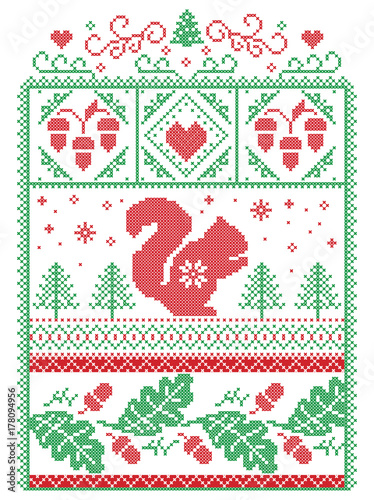 Elegant Christmas Scandinavian, Nordic style winter stitching, pattern including snowflake, heart, squirrel, acorn, oak leaf, love heart , Christmas tree, star, seamless ornaments  in red, green