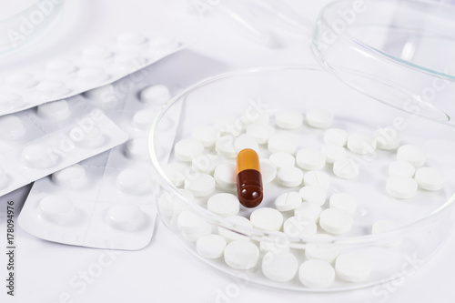 pills and medication in medical laboratory photo