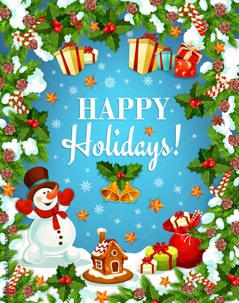 Christmas greeting card of snowman with gift bag Christmas greeting card of snowman with gift bag