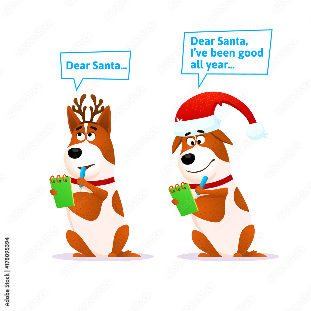 Funny cartoon dog set. Xmas flat character wearing deer horns and Santa hat writes a letter to Santa Claus Terrier with pencil and notepad. Christmas vector illustration for Christmas or New Year 2018