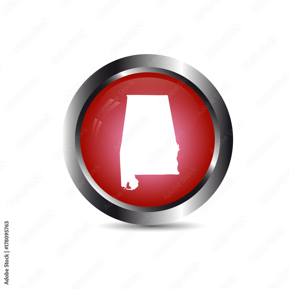 Map of the U.S. state of Alabama. Red button on a white background. Map of the U.S. state of Alabama. Red button on a white background.