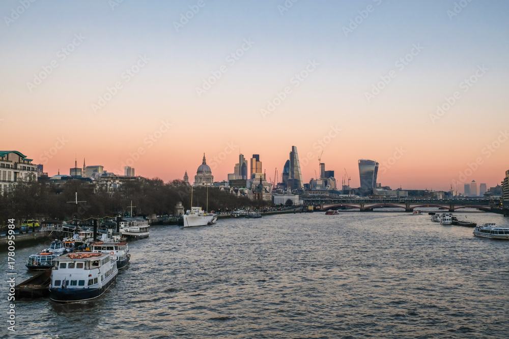 London Skyline from the River Thames at sunset.