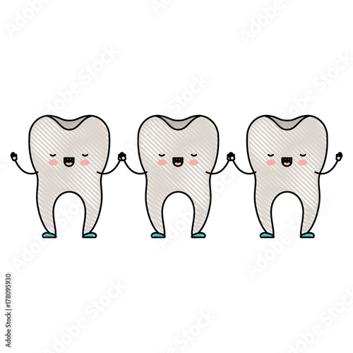 teeth cartoon holding hands in colored crayon silhouette