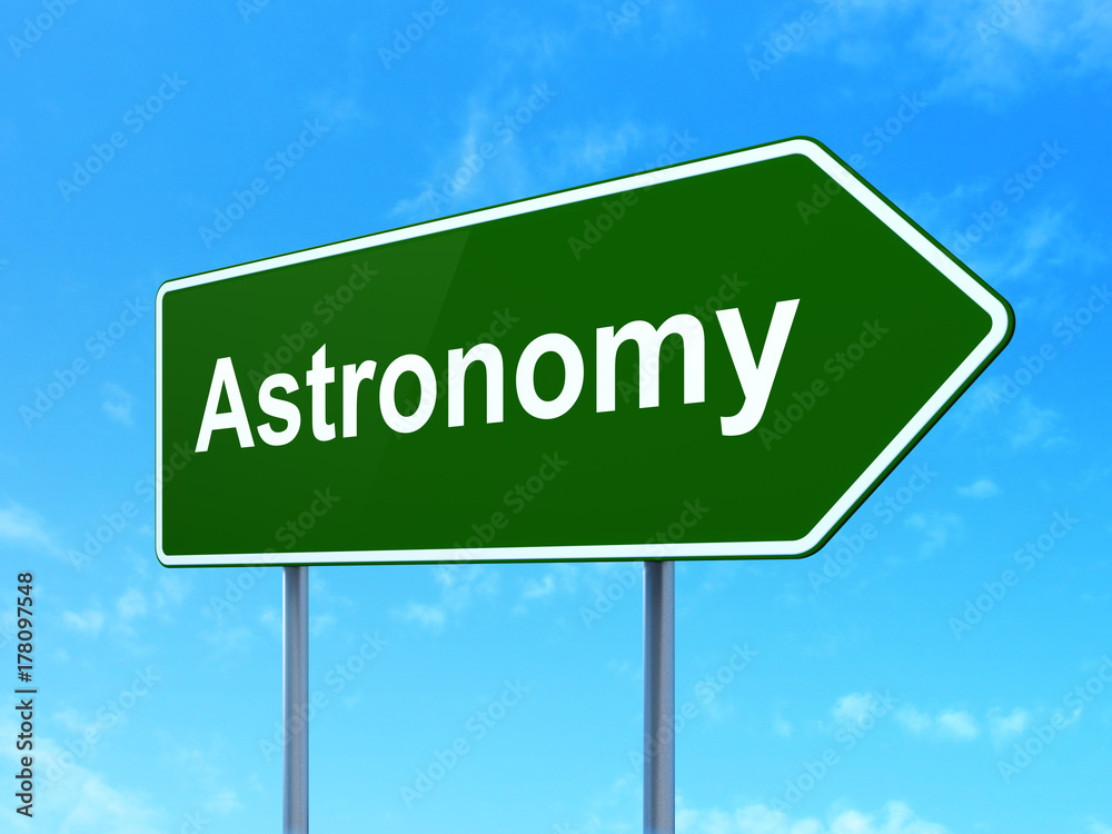 Education concept: Astronomy on green road highway sign, clear blue sky background, 3D rendering Education concept: Astronomy on green road highway sign, clear blue sky background, 3D rendering