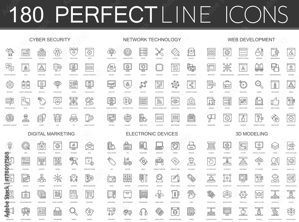 180 modern thin line icons set of cyber security, network technology, web development, digital marketing, electronic devices, 3d modeling.