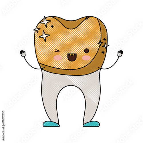 tooth with dental golden crown cartoon in colored crayon silhouette