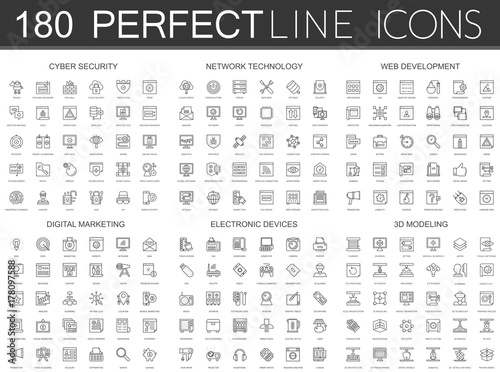 180 modern thin line icons set of cyber security, network technology, web development, digital marketing, electronic devices, 3d modeling.