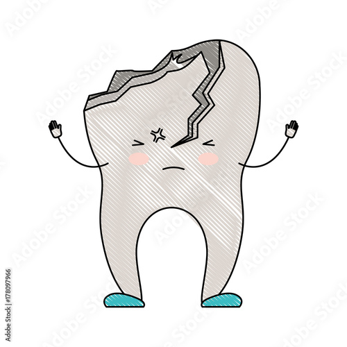 cartoon tooth broken in colored crayon silhouette