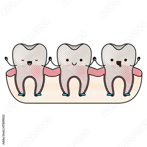 tooth cartoon on gum and holding hands in colored crayon silhouette