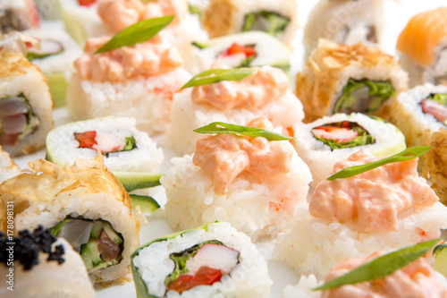 Closeup on japanese sushi rolls,maki on white background