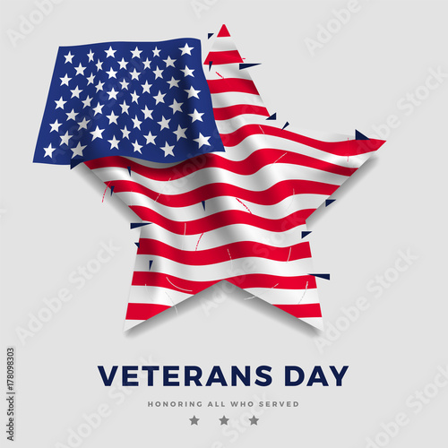 Veterans day poster, realistic flag of America with fold in the shape of star and text on gray background and. 3d illustration.