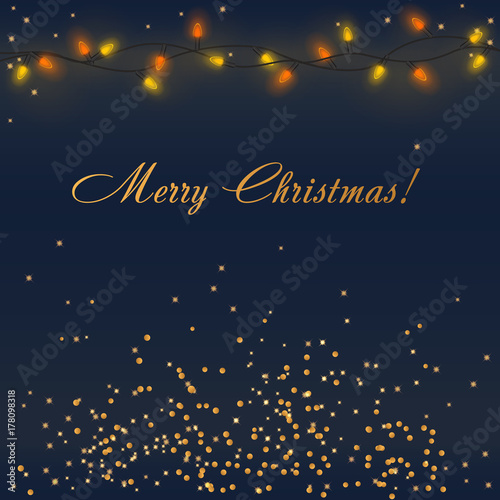 Vector Glowing Christmas Lights with colorful garland illumination and golden decorations with Merry Christmas words. Xmas Holiday greeting card design.