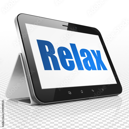 Holiday concept: Tablet Computer with blue text Relax on display, 3D rendering