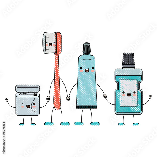 dental floss and toothbrush and toothpaste and mouthwash in cartoon holding hands in colored crayon silhouette