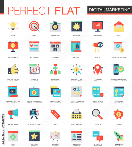 Vector set of flat Digital marketing icons.
