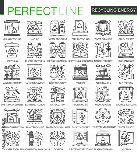 Recycling energy outline mini concept symbols. Renewable energy, green technology modern stroke linear style illustrations set. Perfect thin line icons.