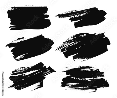 Set of black paint  ink brush strokes  brushes  lines. Dirty artistic design elements  boxes  frames for text.