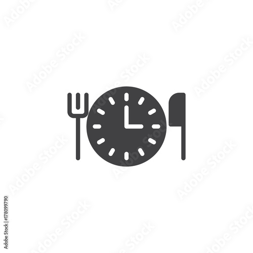 Clock with fork and knife icon vector, filled flat sign, solid pictogram isolated on white. Time for lunch symbol, logo illustration.