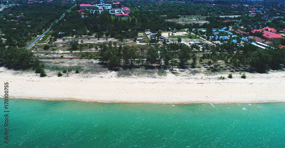 Aerial view. Beautiful color separation between beach and ocean.