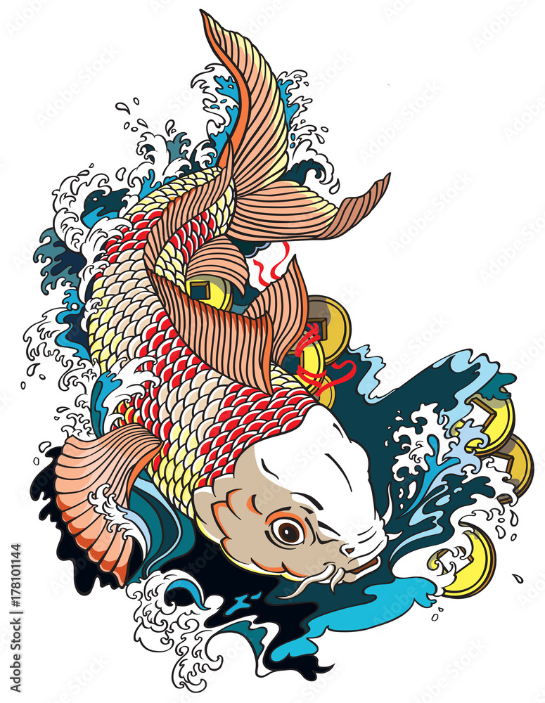 Naklejka premium japanese carp koi gold fish swimming in a pond with feng shui money coins . Tattoo style vector illustration 
