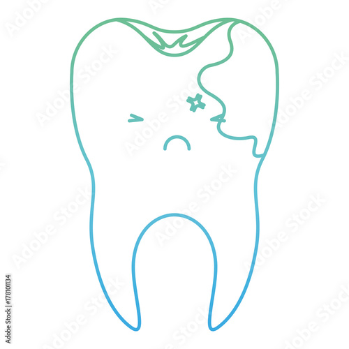 kawaii tooth with root and caries by side in degraded green to blue color contour