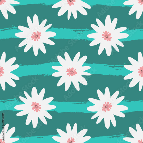 Abstract white flowers on a striped turquoise background. Grunge, sketch, watercolour.