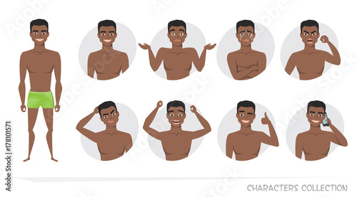 Set of emotions and gestures to the young black african american man.