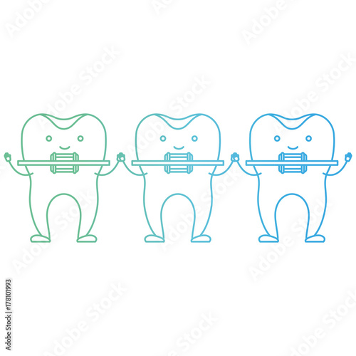 teeth cartoon holding hands with dental braces in degraded green to blue color contour