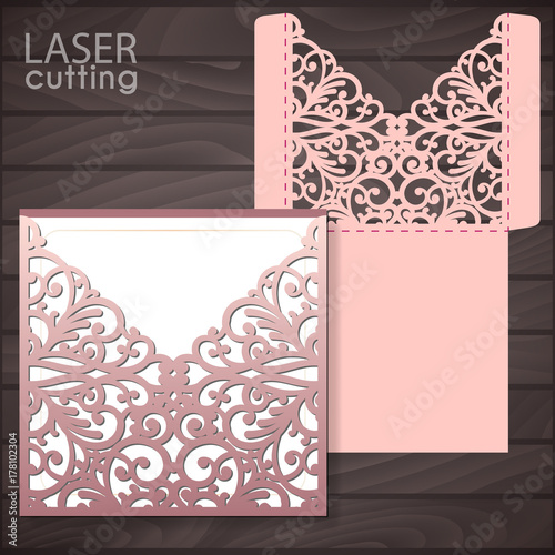 Die laser cut wedding card vector template. Invitation envelope. Wedding lace invitation mockup. Template for laser cutting. Die cut pocket envelope template. It can be used as an envelope for CD-ROM.