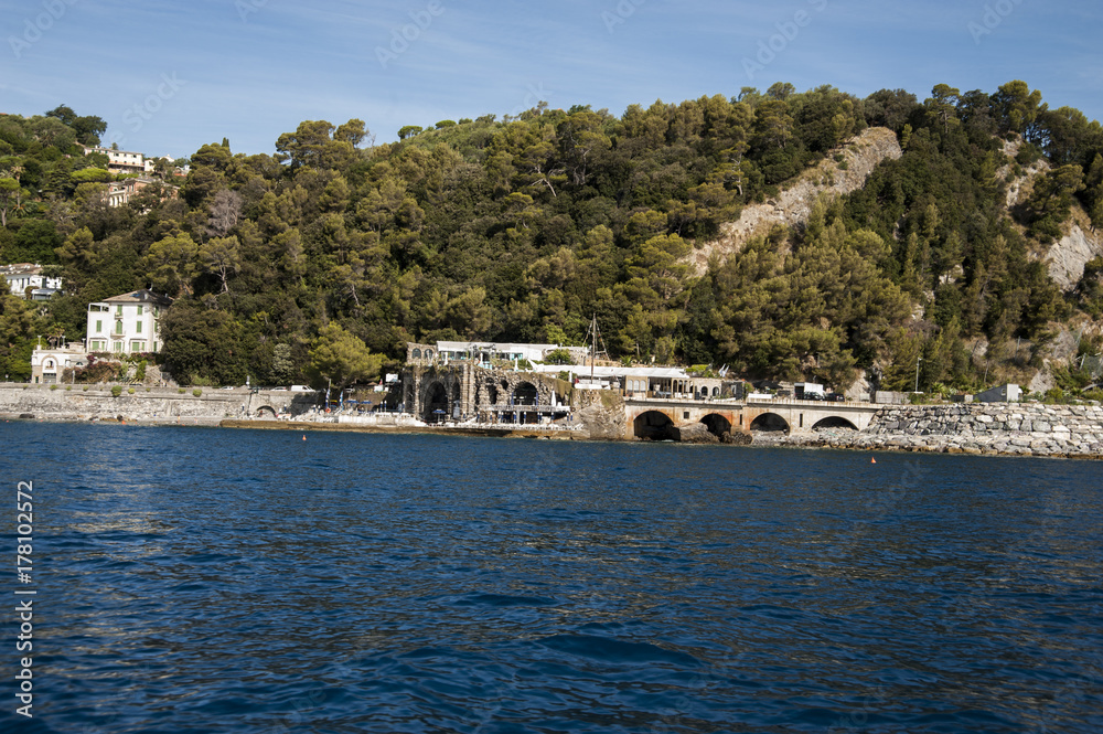 Santa Margherita Ligure, Liguria Italia -  watching the coast from the sea. the Covo di Nord Est, the most famous and popular disco on the coast