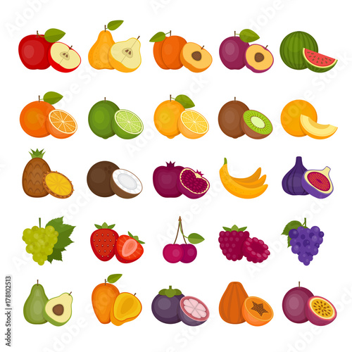 Fototapeta Naklejka Na Ścianę i Meble -  Fruits and berries icons set. Flat style, vector illustration.