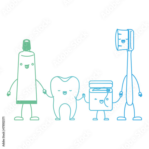 tooth and toothpaste and dental floss and toothbrush in cartoon holding hands in degraded green to blue color contour