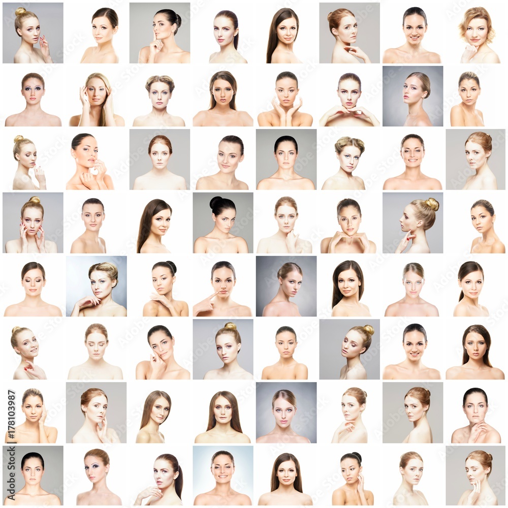 Collection of female spa portraits. Faces of different women. Face lifting, skincare, make-up concept. Collection of female spa portraits. Faces of different women. Face lifting, skincare, make-up concept.