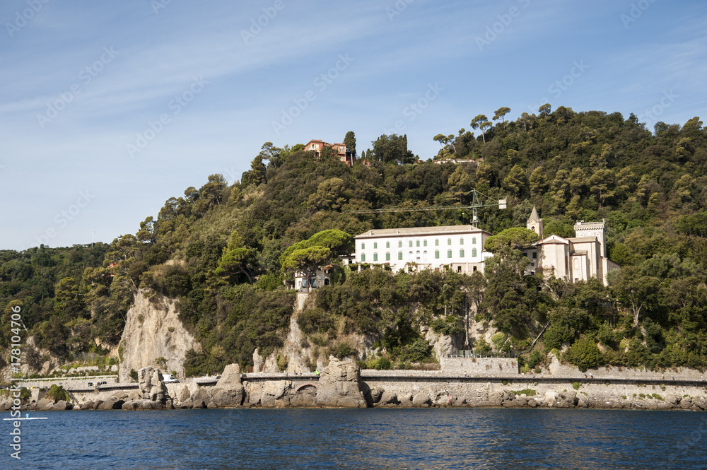 Santa Margherita Ligure, Liguria Italy -  watching the coast from the sea. Cervara Abbey on the coastline between Portofino and Santa Margherita Ligure in Italy
