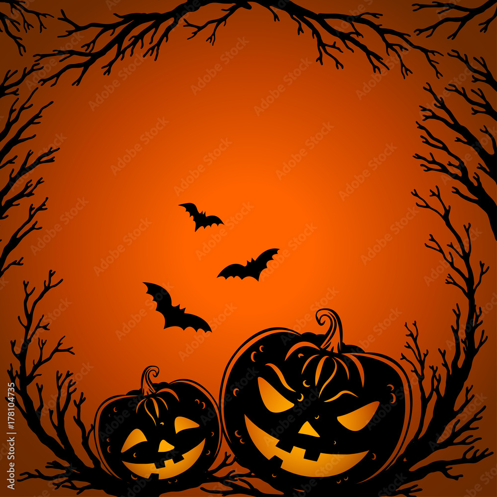 Halloween background. Scary tree twigs, flying bats and halloween pumpkin lanterns on orange background. Halloween Party design template. Vector.