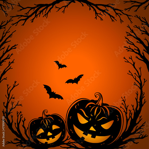 Halloween background. Scary tree twigs, flying bats and halloween pumpkin lanterns on orange background. Halloween Party design template. Vector.