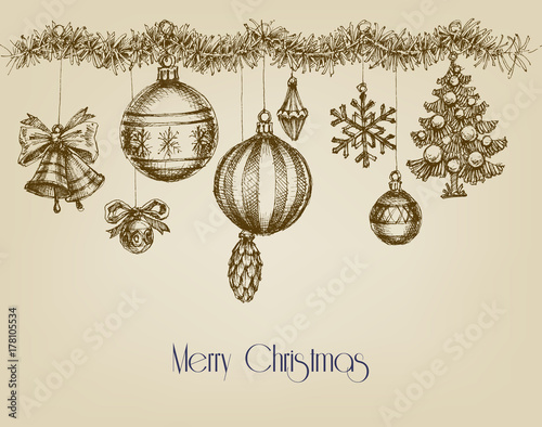 Vintage Christmas ornaments, hand drawn garland